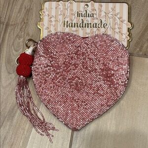 NWT Made in India Pink Beaded Heart pouch Keychain